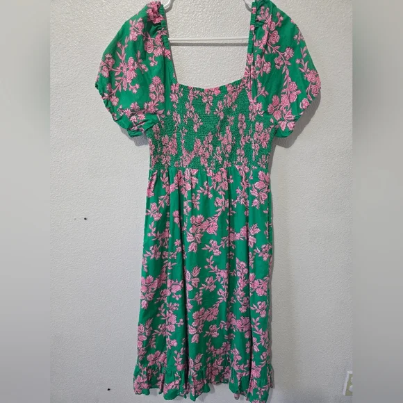 J. Crew Factory Smocked Midi Dress Floral Green/ Pink Puff Short Sleeves Size M - Picture 3 of 13